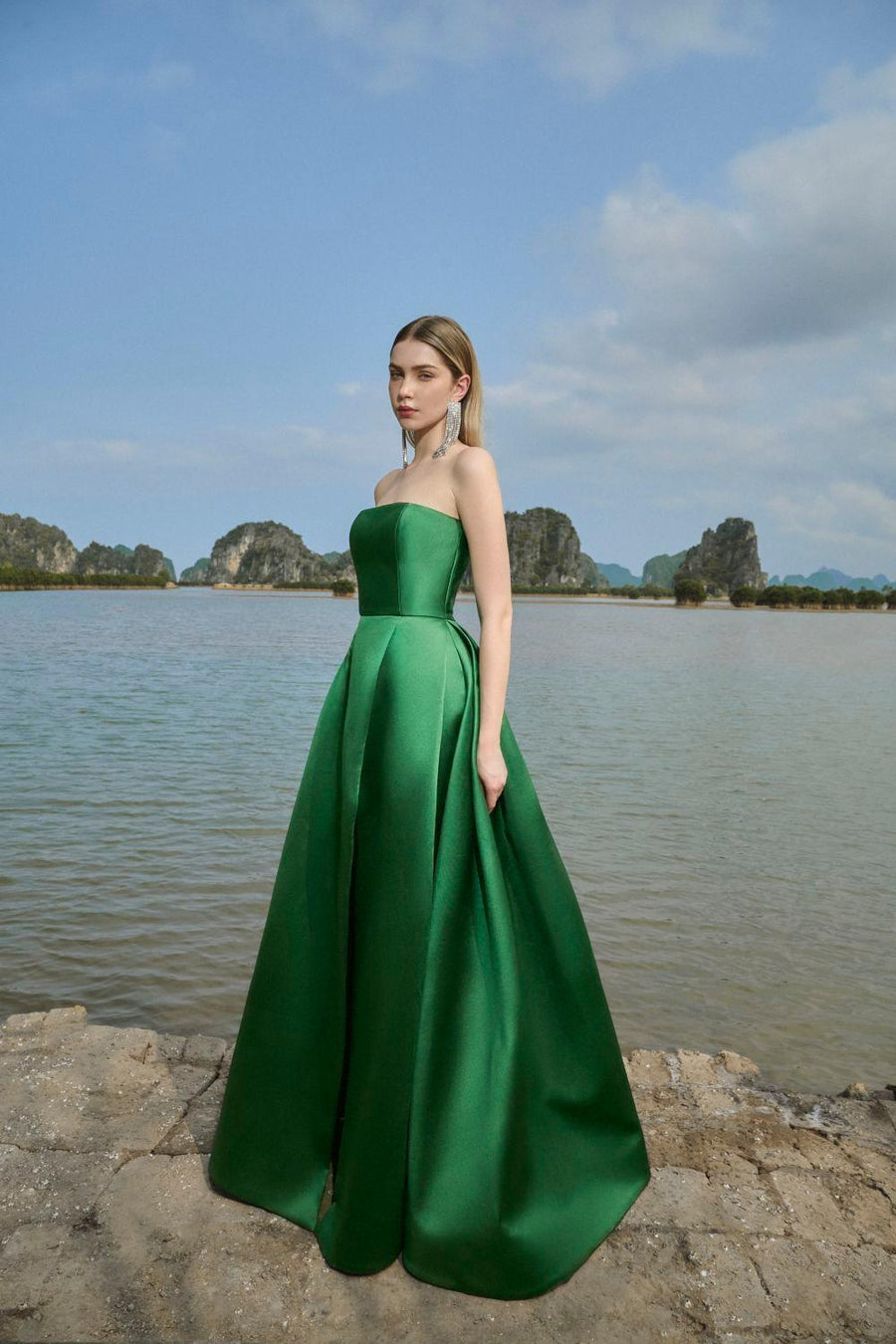 Clara Ball Gown Straight Across Neck Taffeta Maxi Dress 11