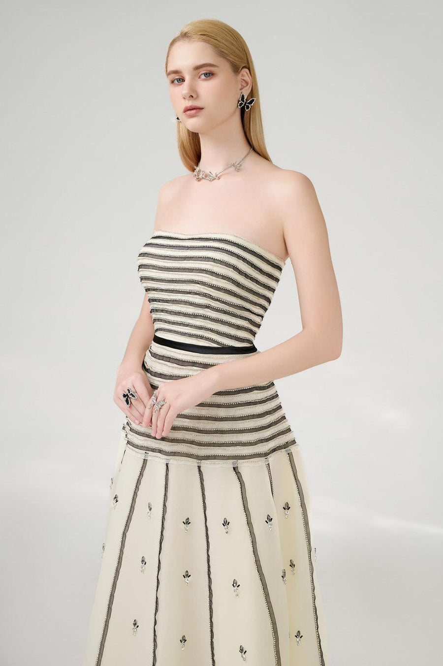 Cline Strapless Stone Organza Floor Length Dress 11