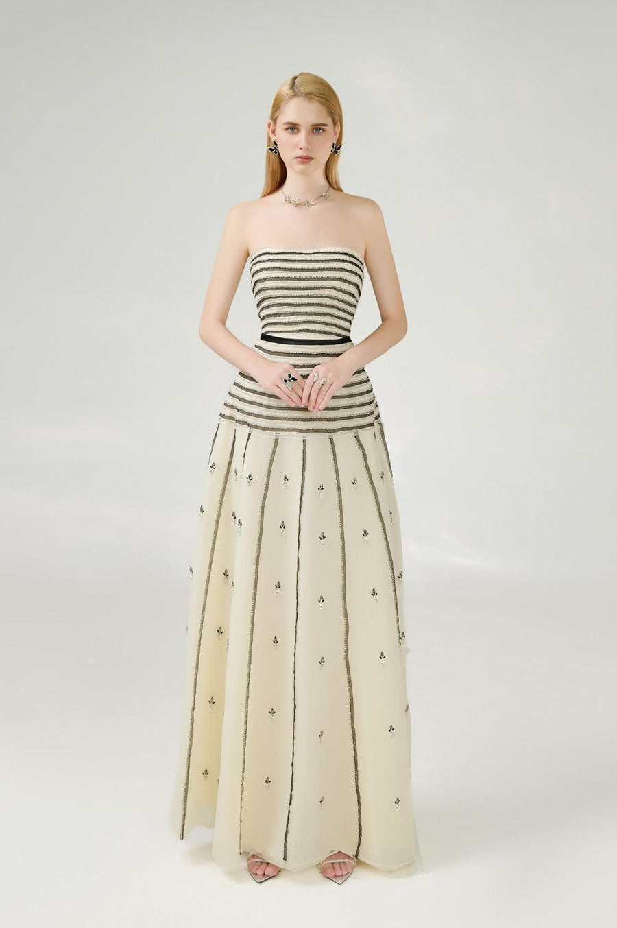 Cline Strapless Stone Organza Floor Length Dress 17