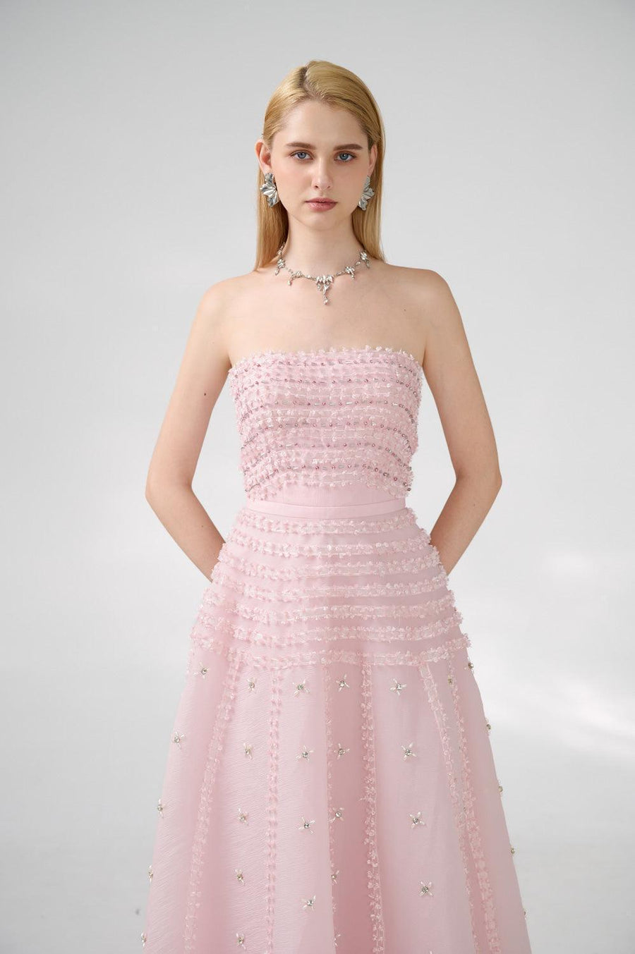 Cline Strapless Stone Organza Floor Length Dress 20