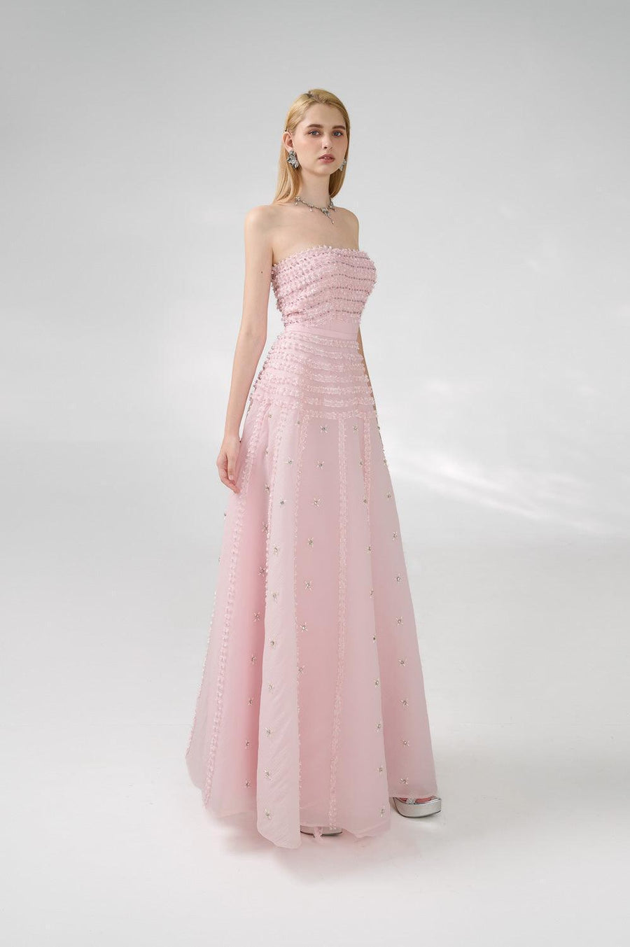 Cline Strapless Stone Organza Floor Length Dress 25