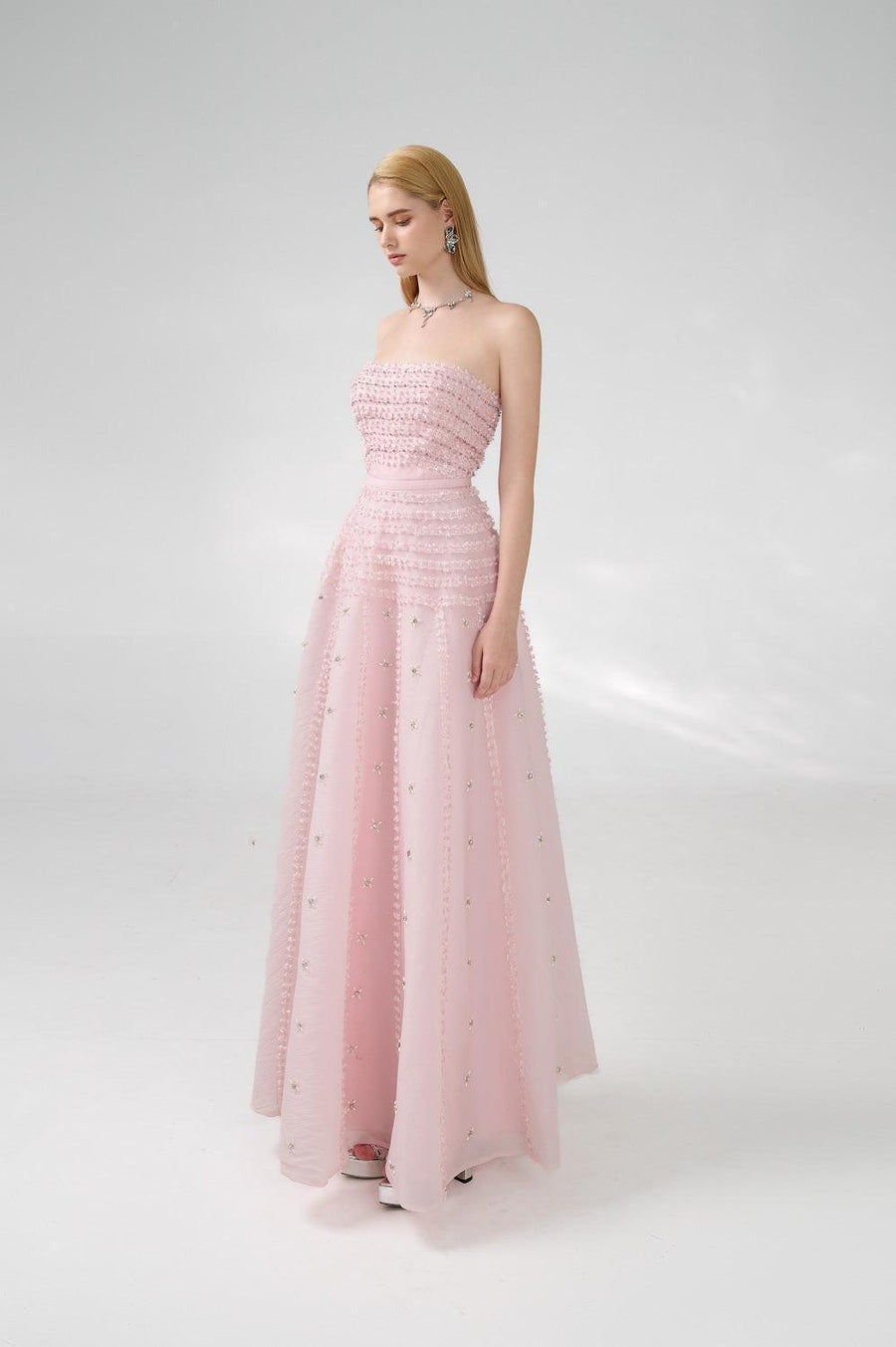 Cline Strapless Stone Organza Floor Length Dress 24