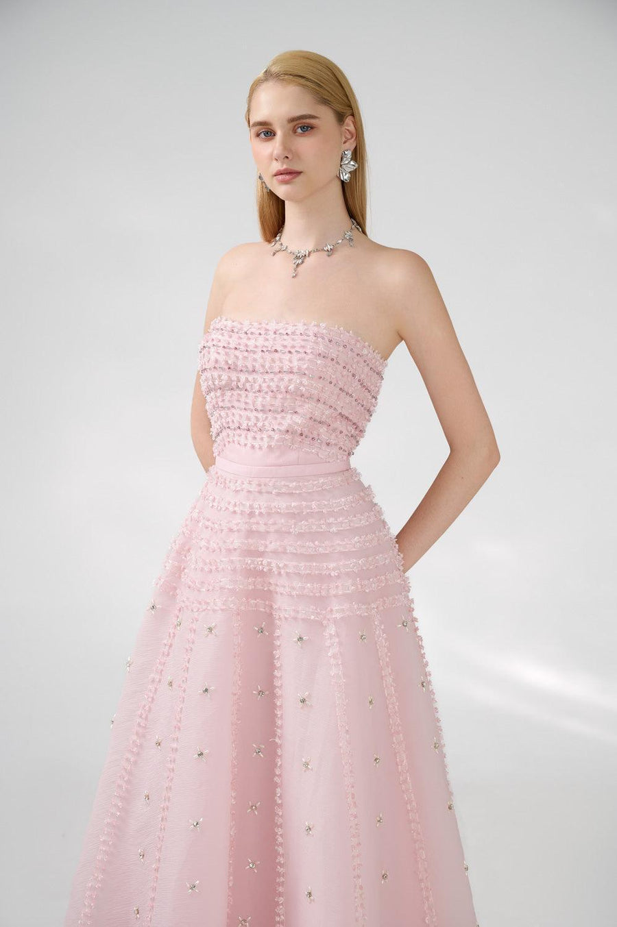 Cline Strapless Stone Organza Floor Length Dress 19