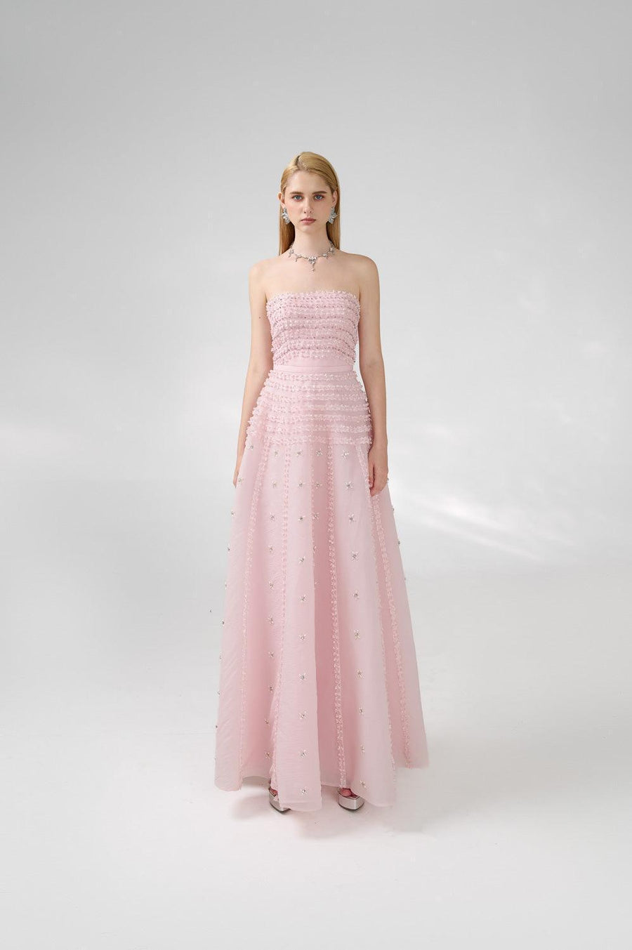Cline Strapless Stone Organza Floor Length Dress 28