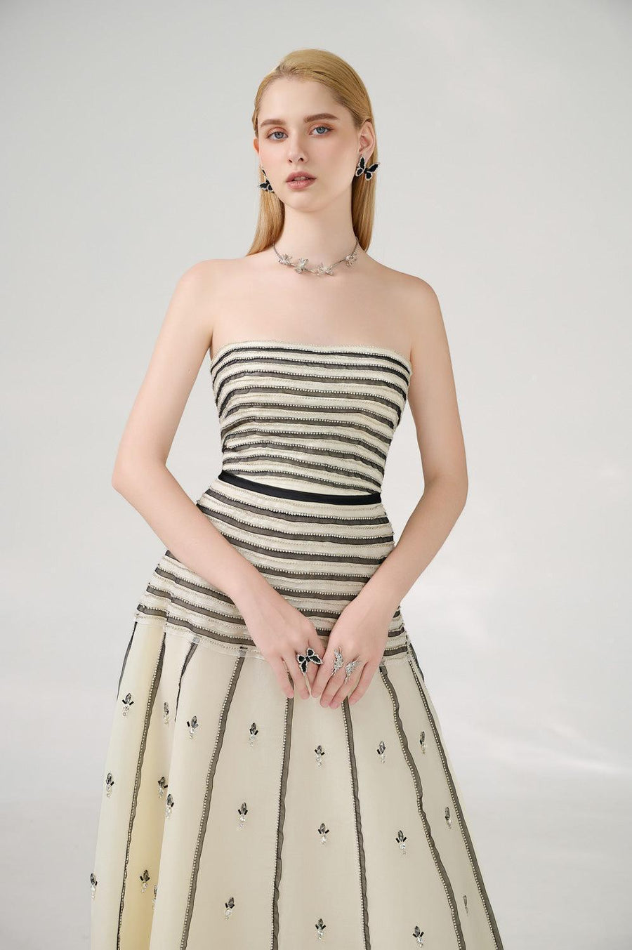 Cline Strapless Stone Organza Floor Length Dress 10