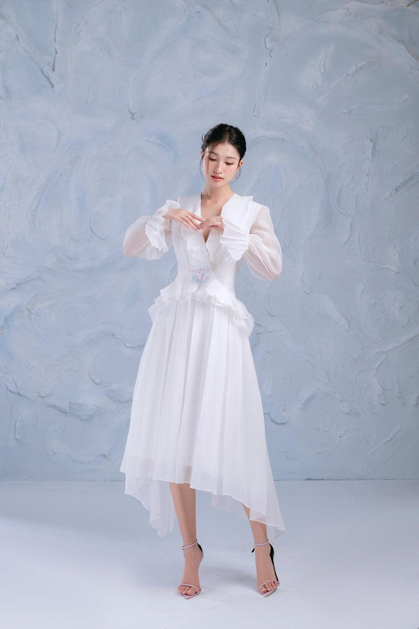 Cloud Asymmetric Ruffle Layer Organza Midi Dress