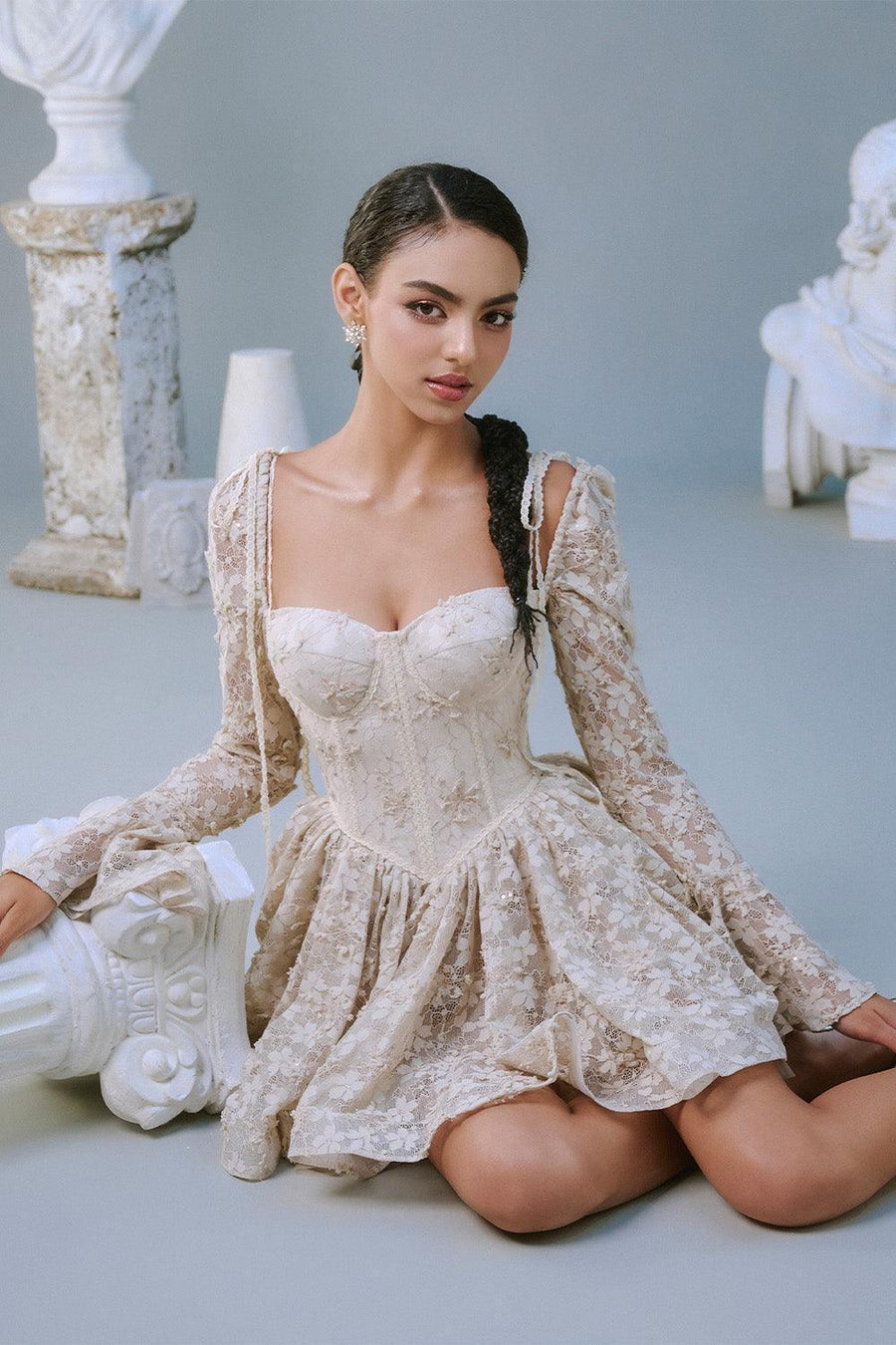 Clover Fit and Flare Semi-Heart Neck Mesh Lace Mini Dress Beige Floral Mini Dress Sissy Nation