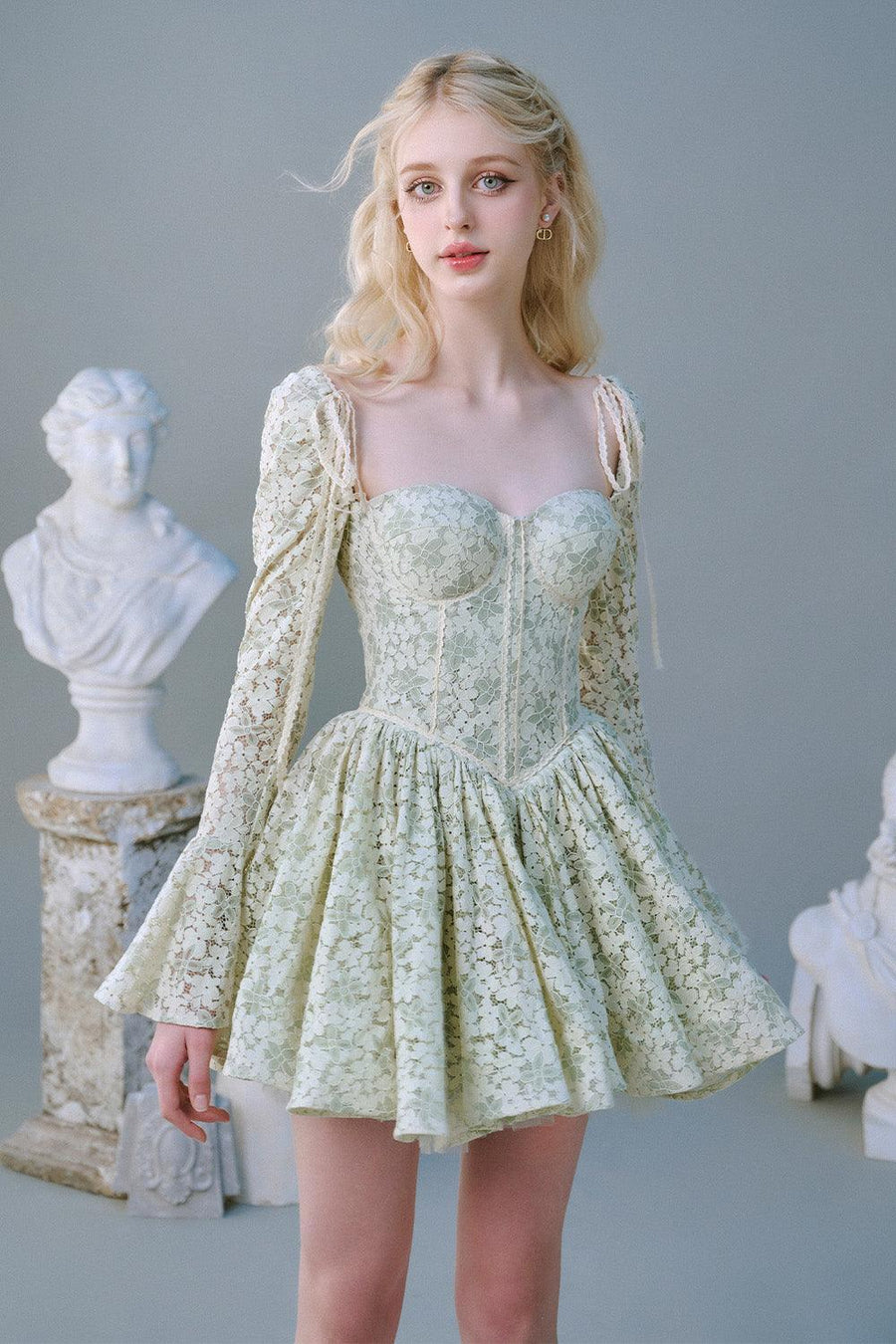 Clover Fit and Flare Semi-Heart Neck Mesh Lace Mini Dress Green Floral Mini Dress Sissy Nation