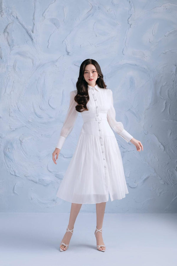 Coldy Gathered Corset Waist Organza Midi Dress