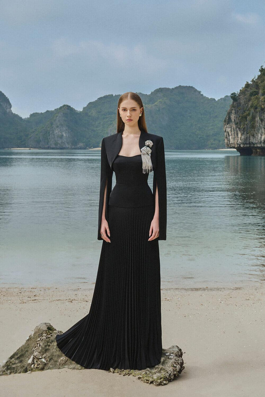 Colette Pleated Slit Sleeved Taffeta Maxi Set 5