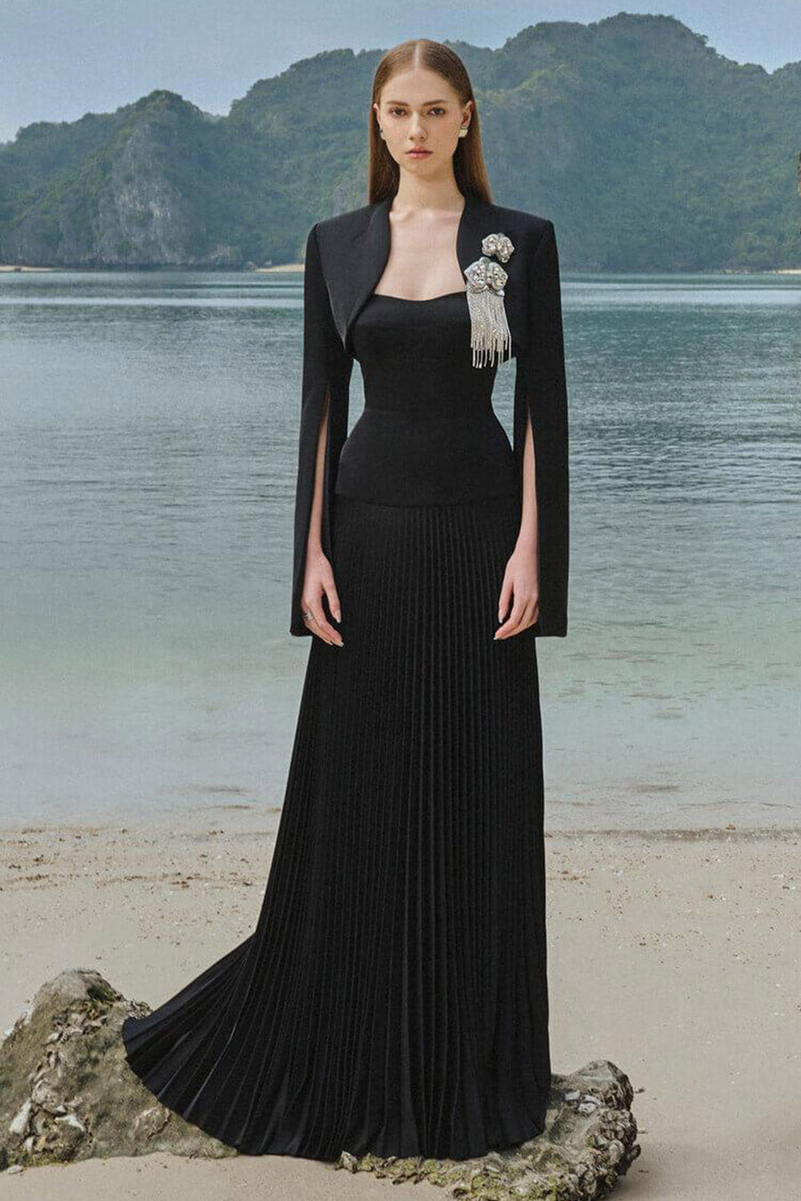 Colette Pleated Slit Sleeved Taffeta Maxi Set 1