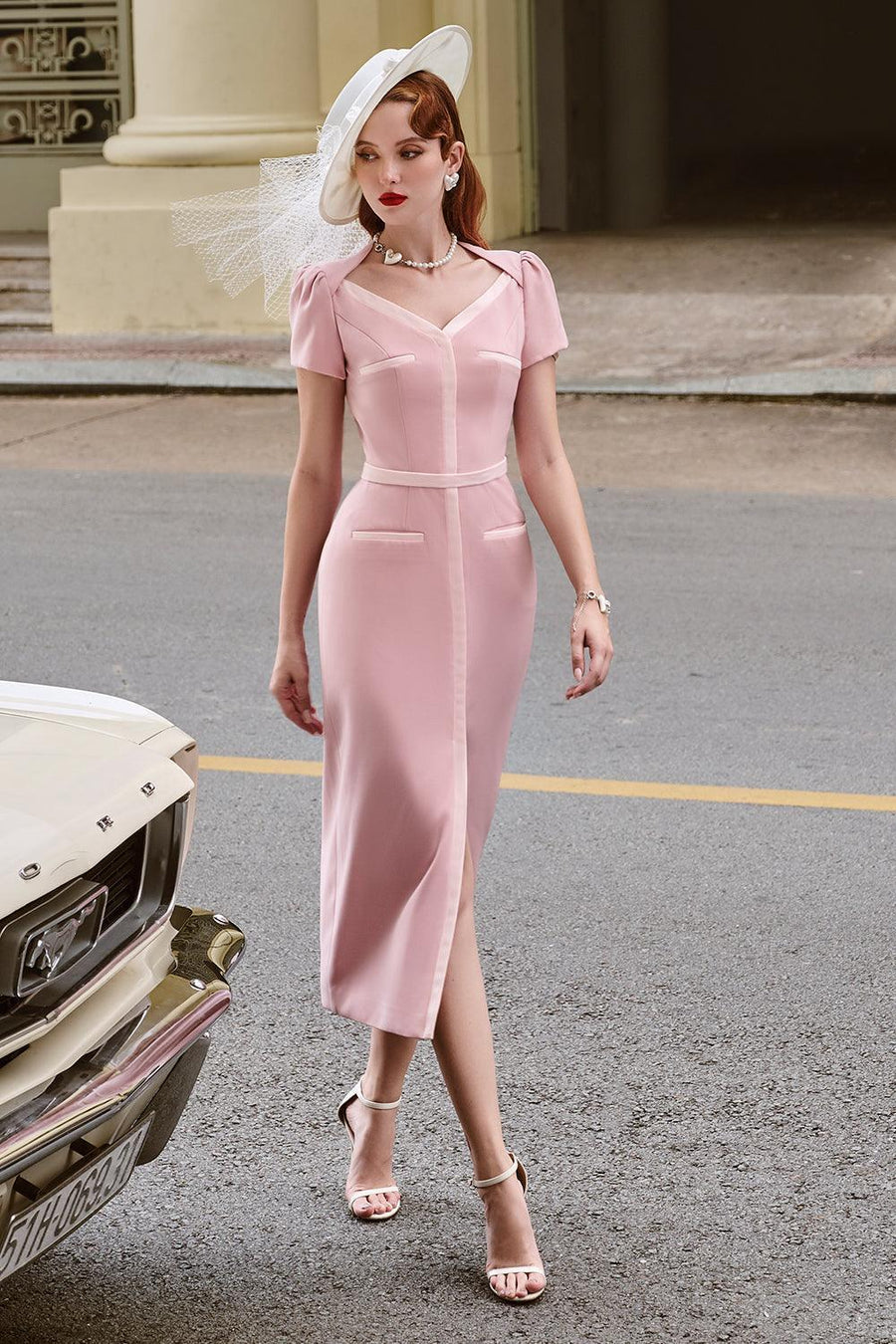 Colette Slit V-Neck Twill Midi Dress Pink Midi Dress Larmes