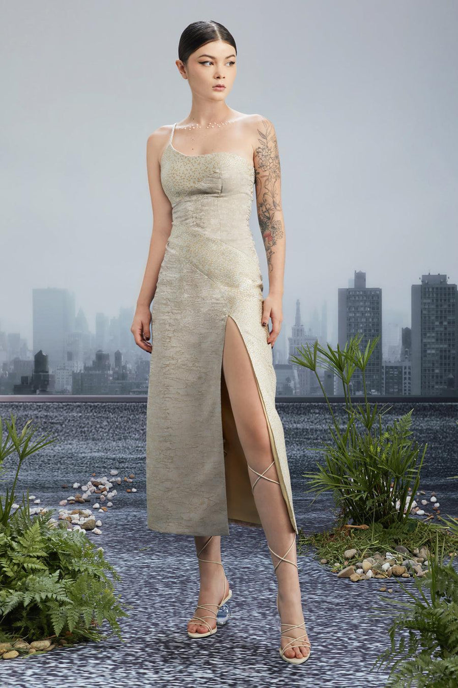 Comma Slit One Shoulder Brocade Calf Length Dress 3