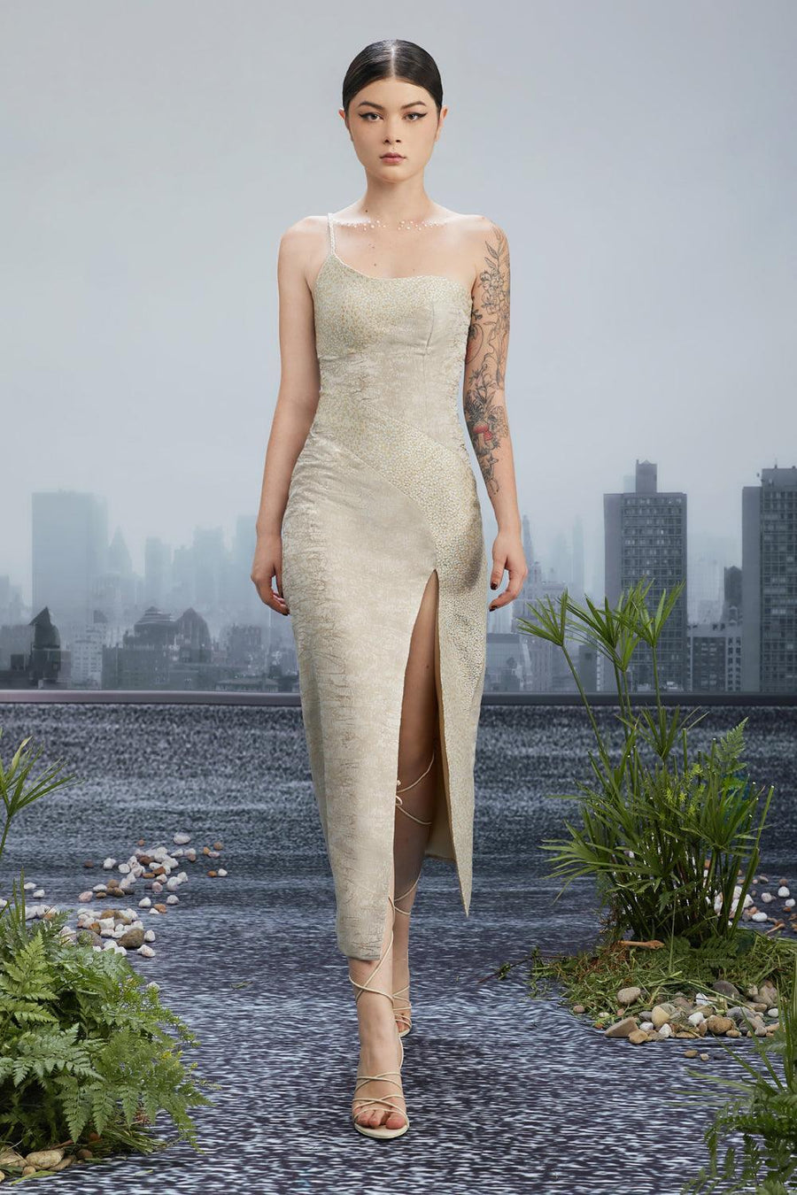Comma Slit One Shoulder Brocade Calf Length Dress 4