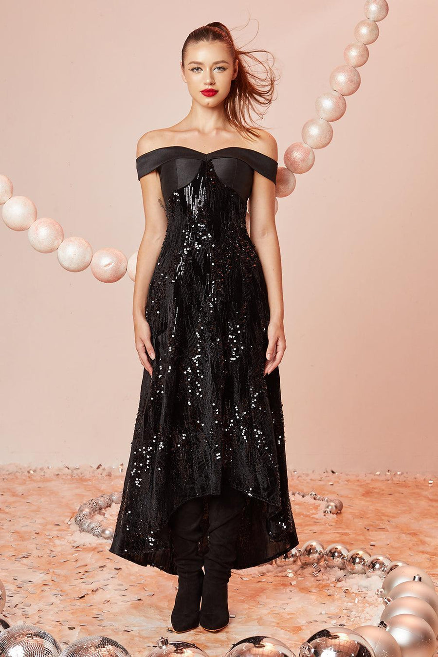 Confetti A-line Off-Shoulder Velvet Ankle Length Dress 1