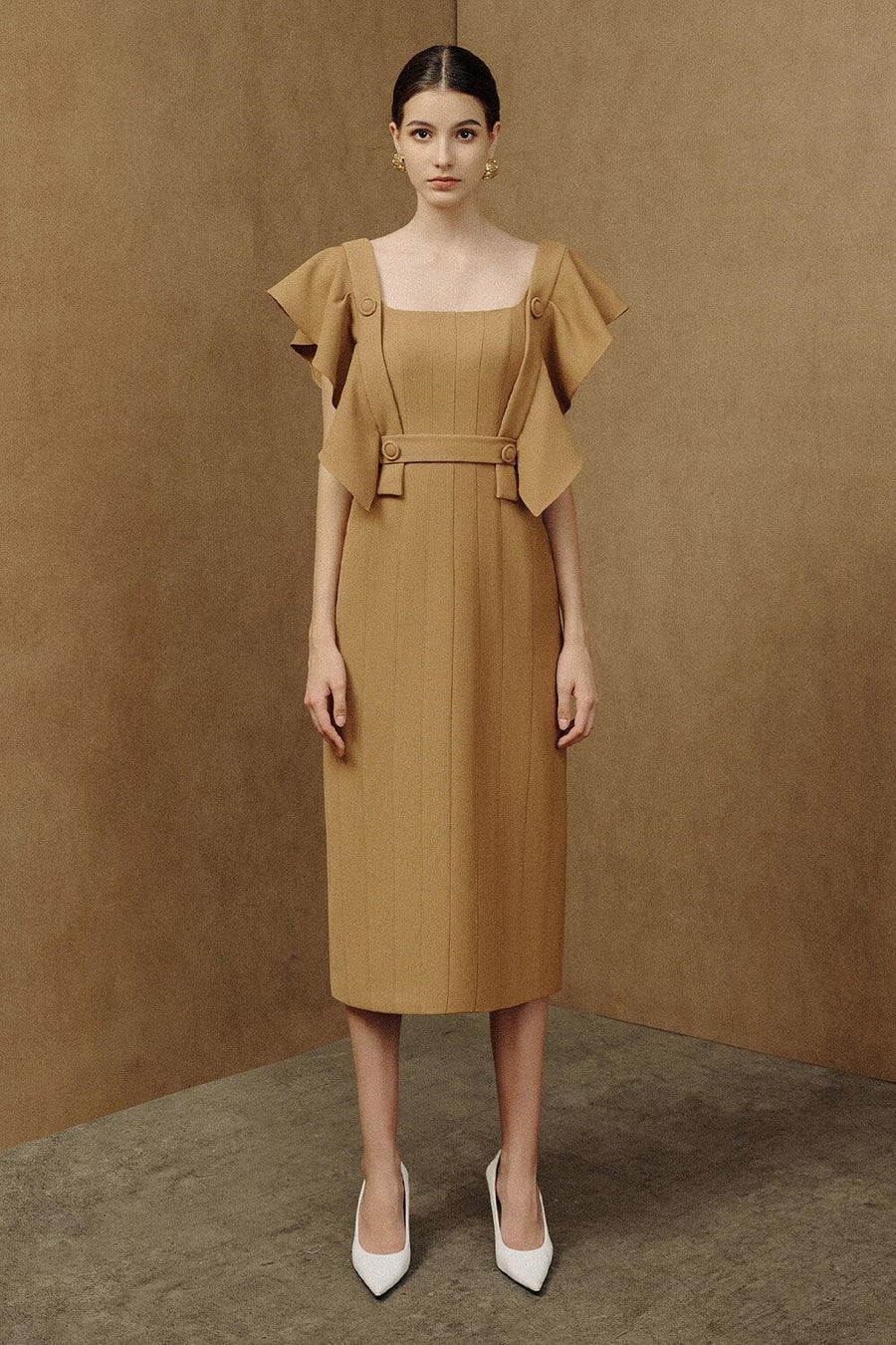 Coral Sheath Square Neck Crepe Midi Dress Midi Dress Eegen Studio