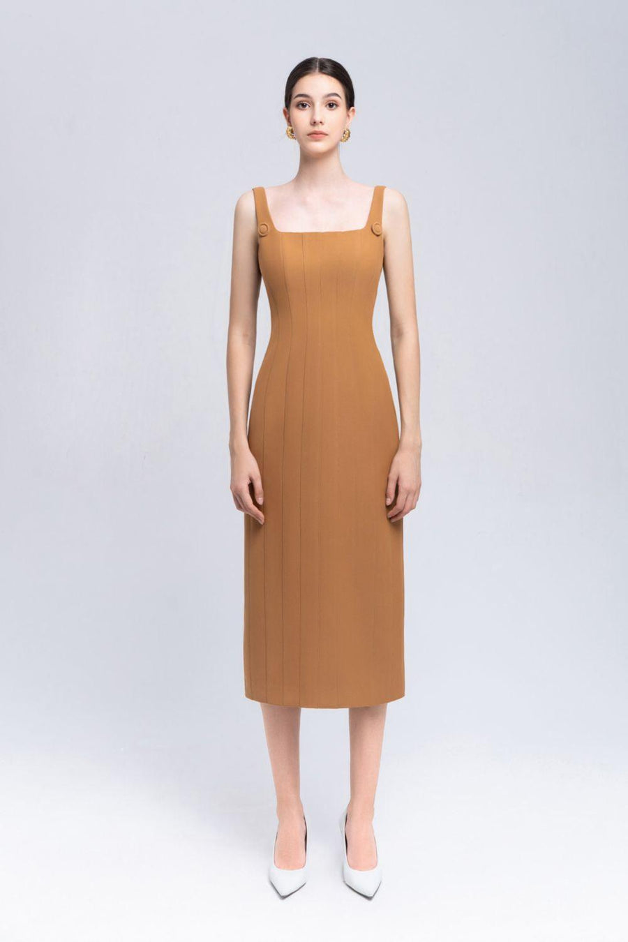 Coral Sheath Square Neck Crepe Midi Dress Midi Dress Eegen Studio