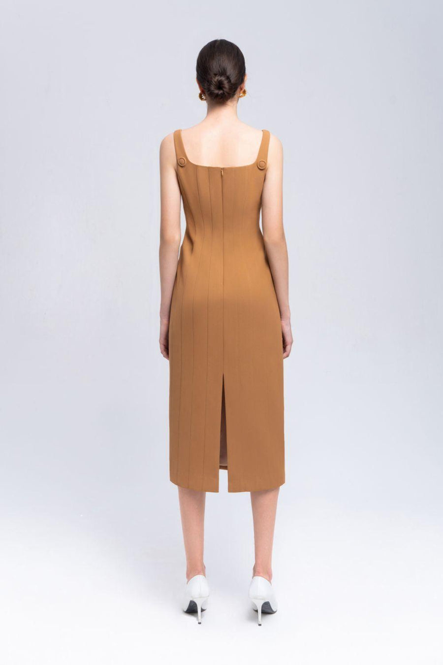 Coral Sheath Square Neck Crepe Midi Dress Midi Dress Eegen Studio