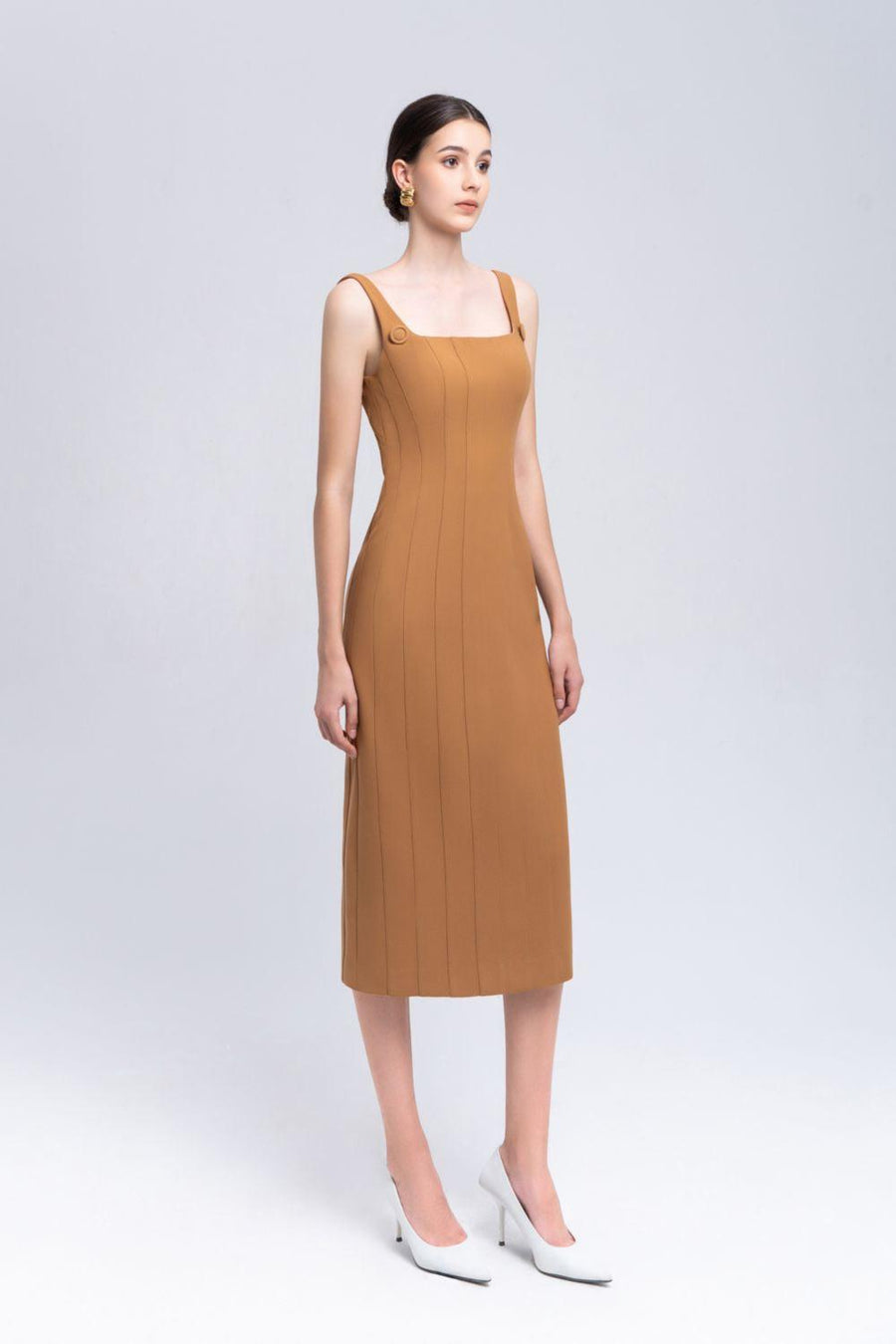 Coral Sheath Square Neck Crepe Midi Dress Midi Dress Eegen Studio