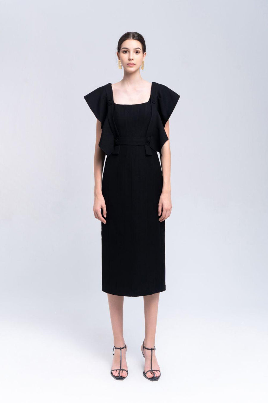 Coral Sheath Square Neck Crepe Midi Dress Midi Dress Eegen Studio