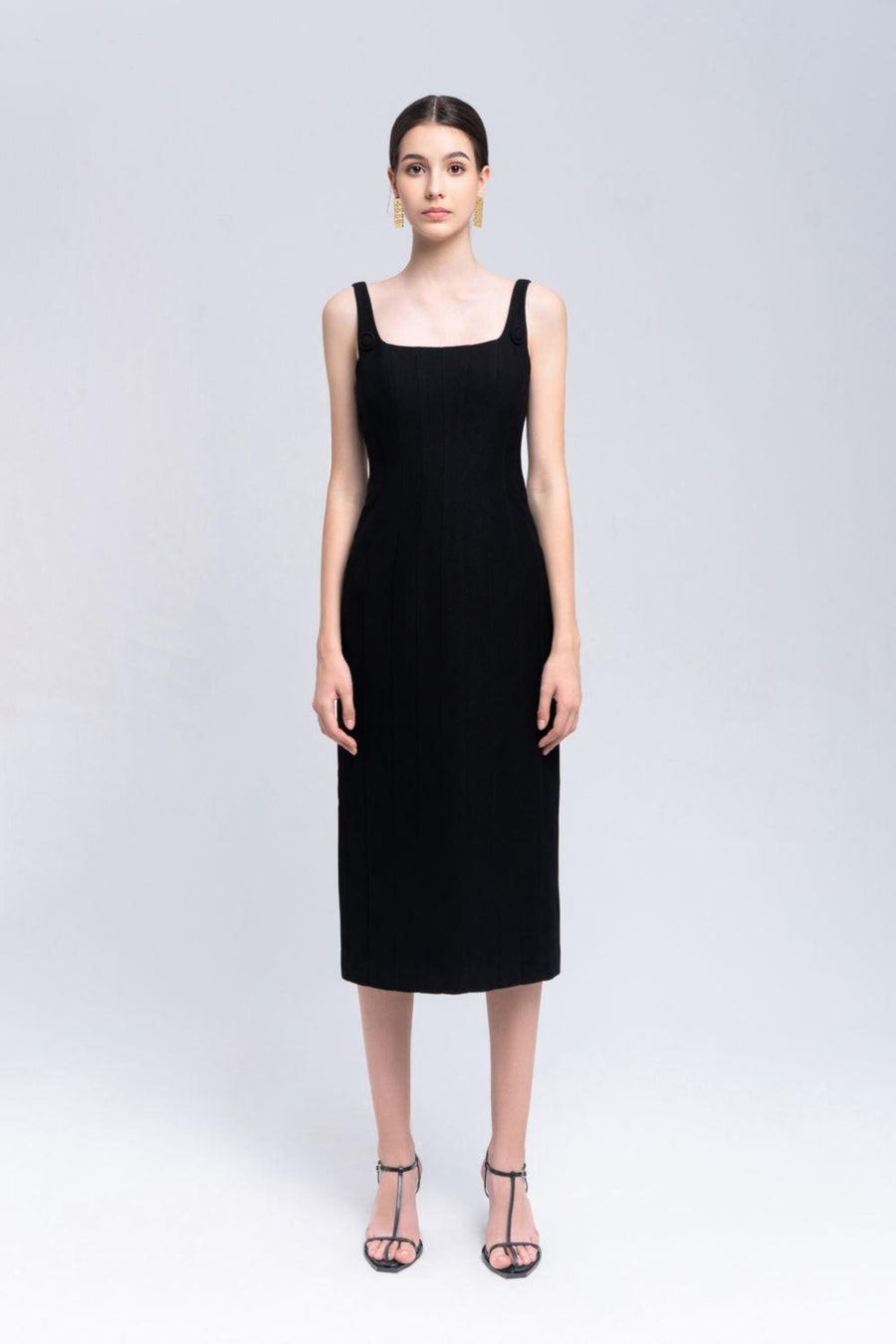 Coral Sheath Square Neck Crepe Midi Dress Midi Dress Eegen Studio