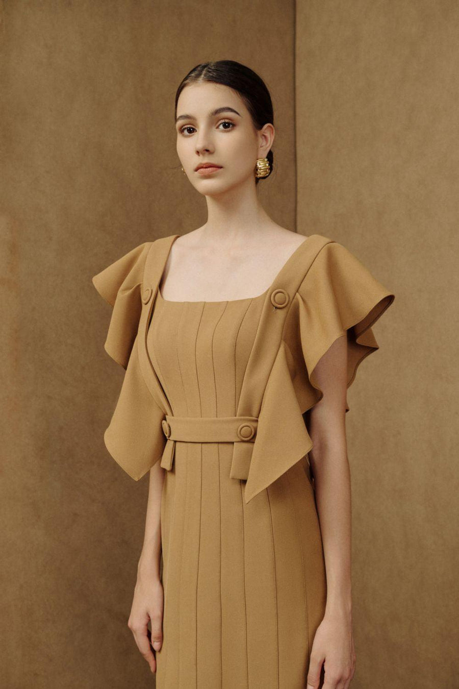 Coral Sheath Square Neck Crepe Midi Dress Midi Dress Eegen Studio