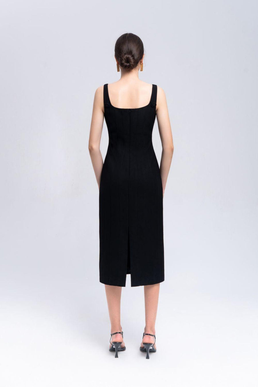Coral Sheath Square Neck Crepe Midi Dress Midi Dress Eegen Studio