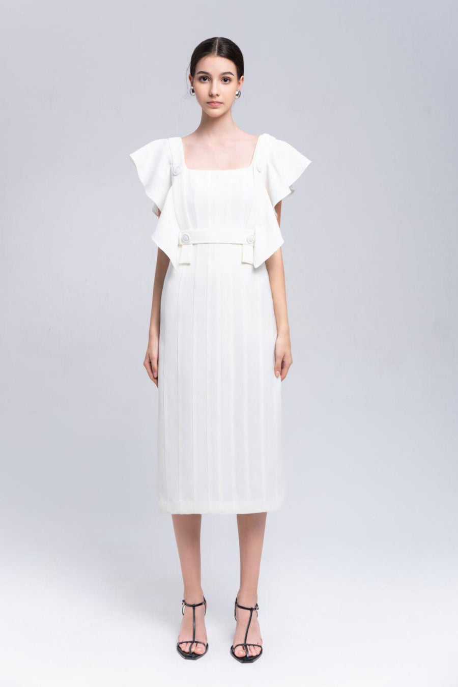 Coral Sheath Square Neck Crepe Midi Dress White Midi Dress Eegen Studio