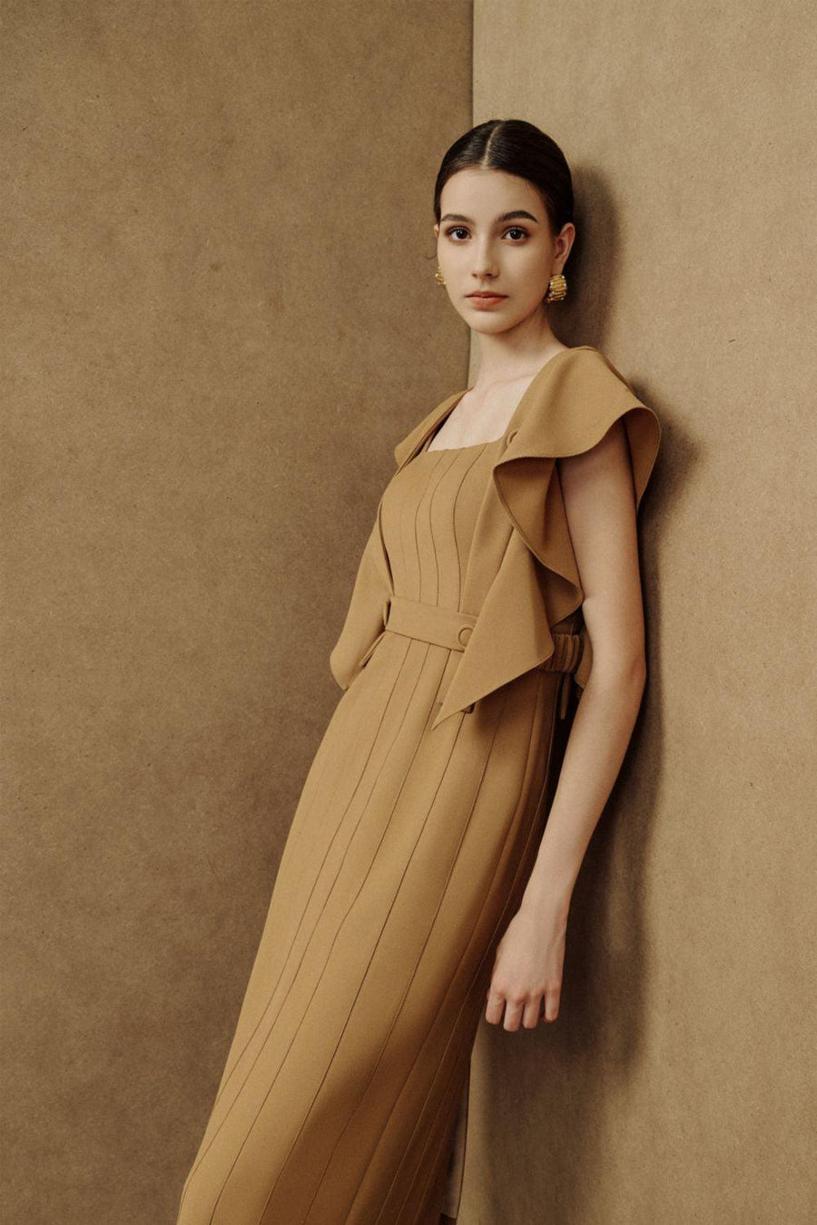 Coral Sheath Square Neck Crepe Midi Dress Brown Midi Dress Eegen Studio