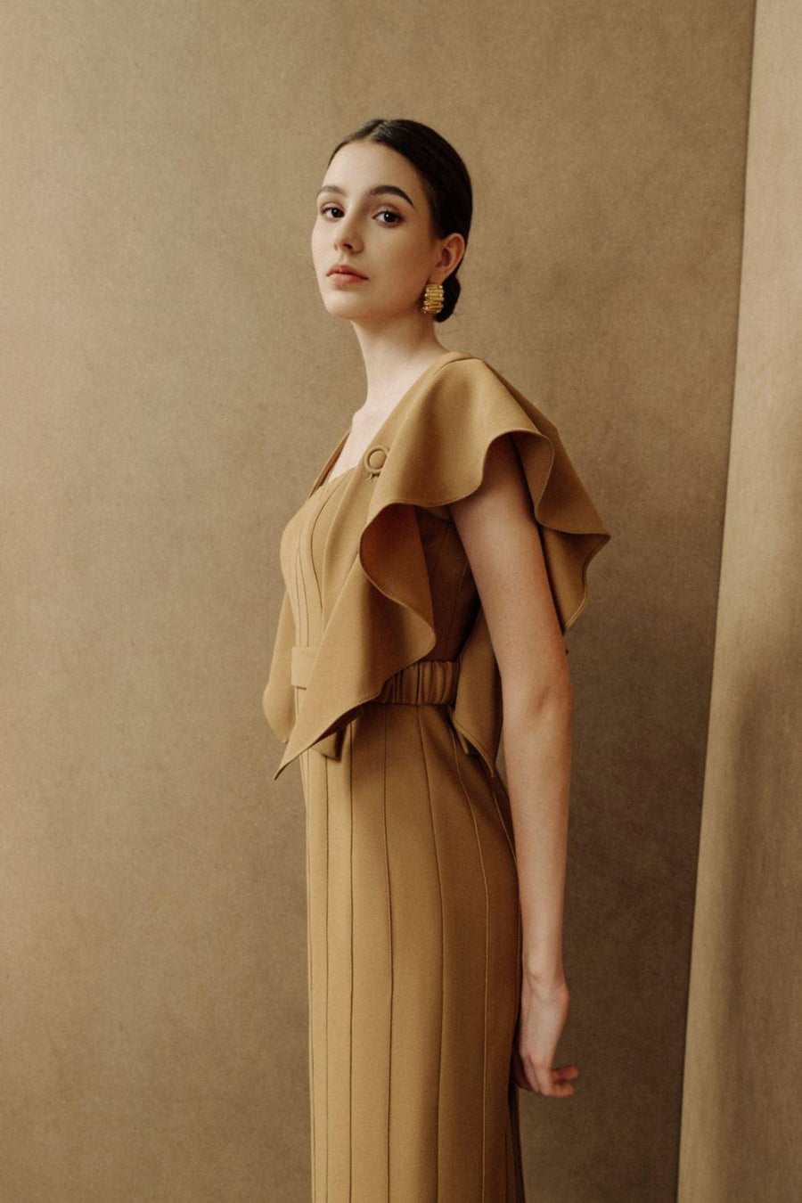 Coral Sheath Square Neck Crepe Midi Dress Midi Dress Eegen Studio