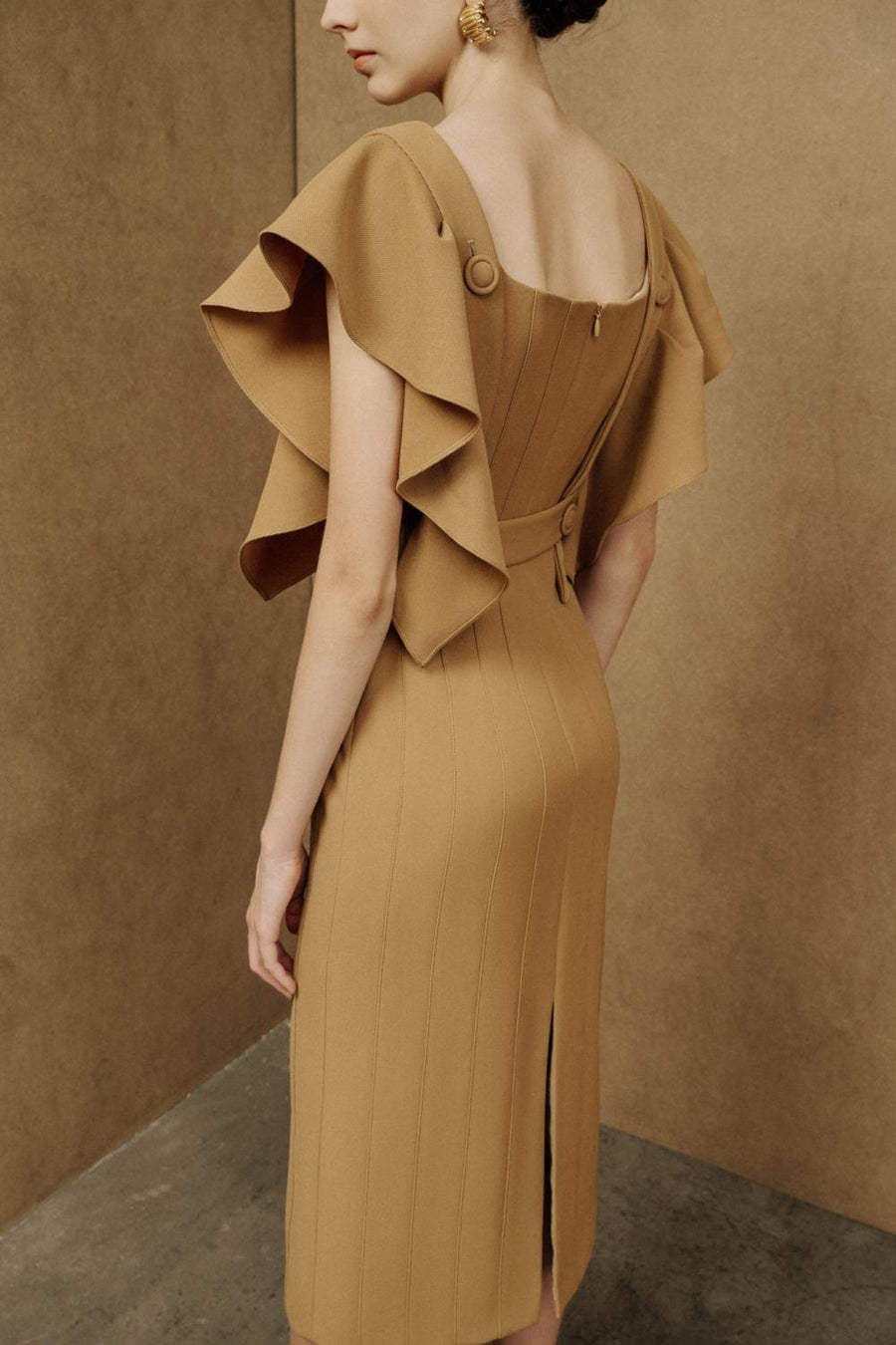 Coral Sheath Square Neck Crepe Midi Dress Midi Dress Eegen Studio