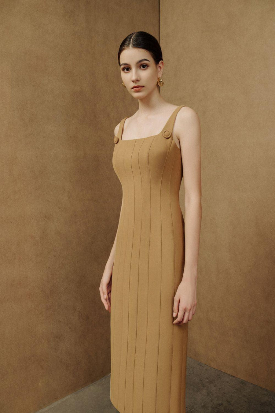 Coral Sheath Square Neck Crepe Midi Dress Midi Dress Eegen Studio
