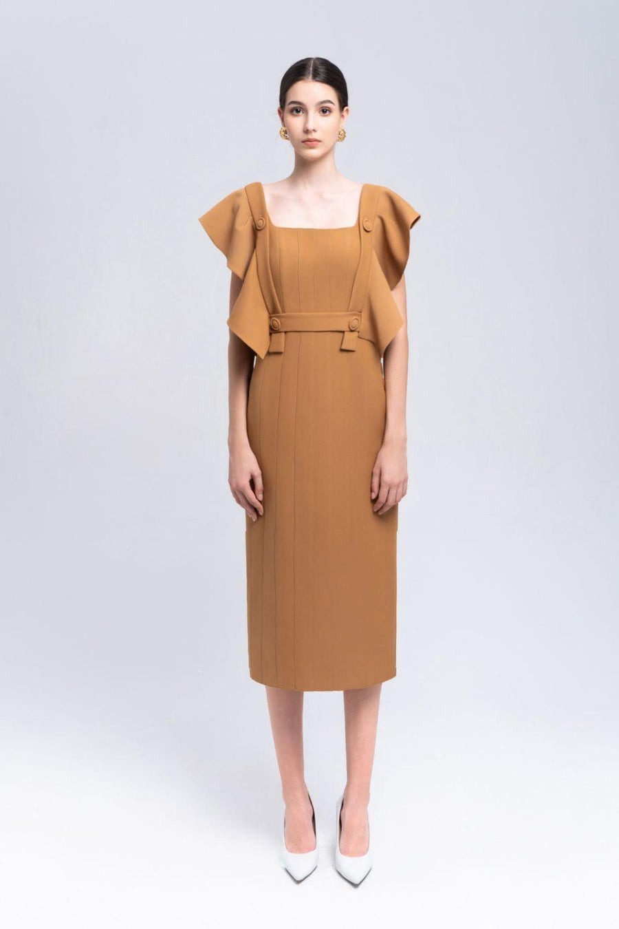 Coral Sheath Square Neck Crepe Midi Dress Midi Dress Eegen Studio