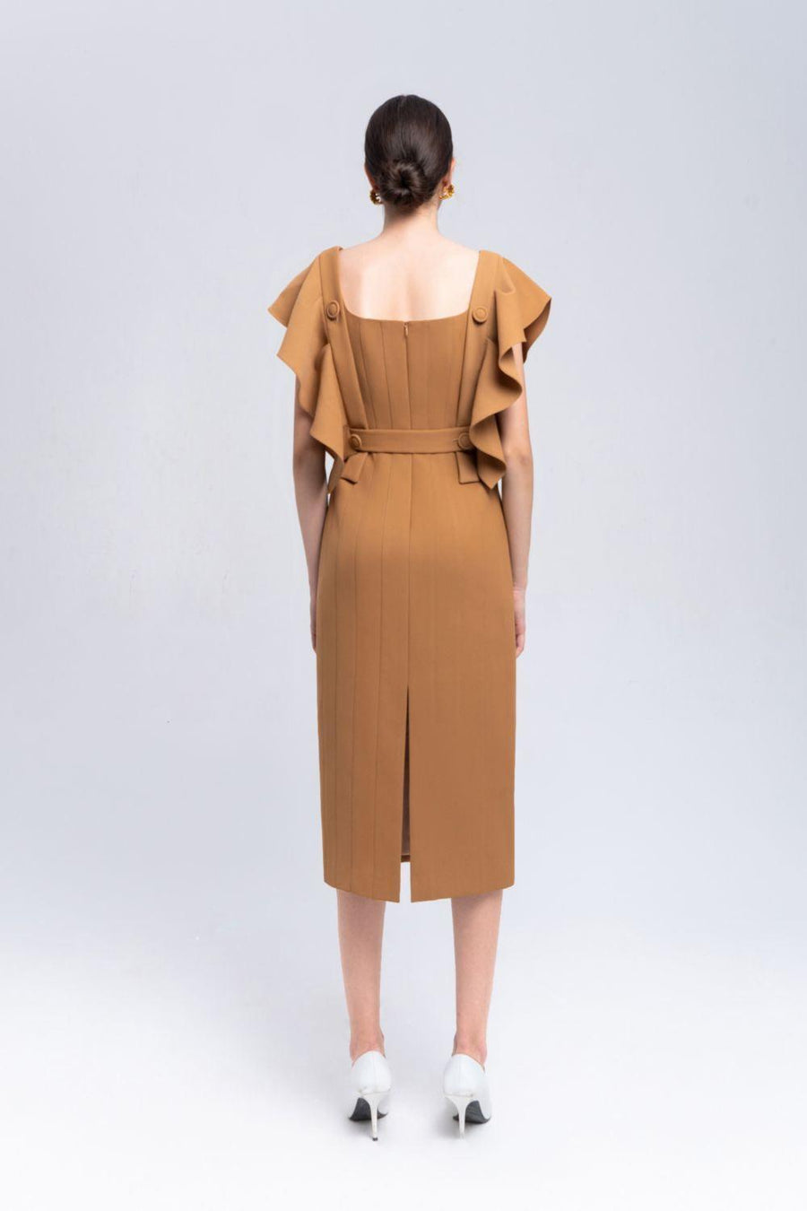 Coral Sheath Square Neck Crepe Midi Dress Midi Dress Eegen Studio