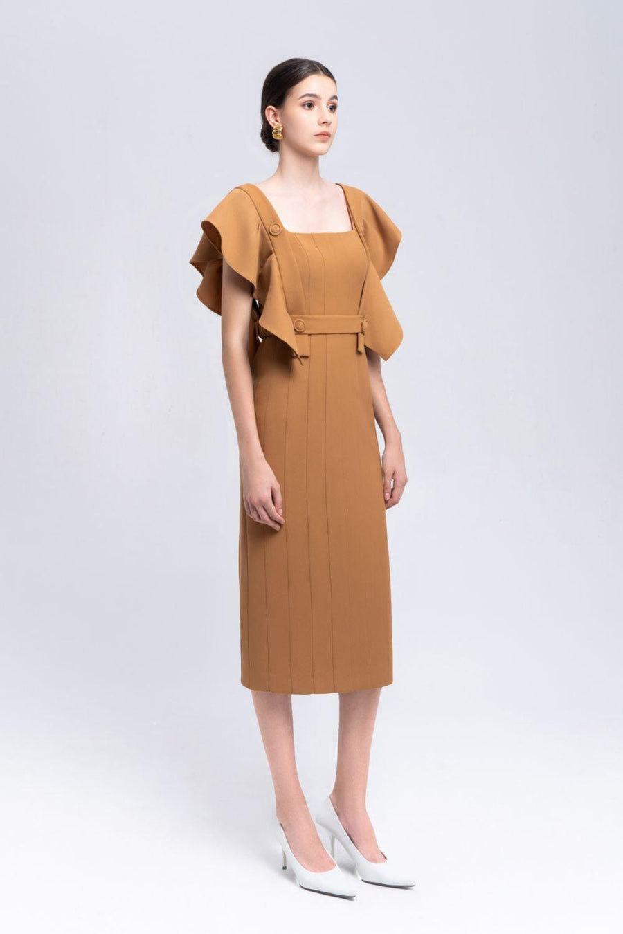 Coral Sheath Square Neck Crepe Midi Dress Midi Dress Eegen Studio