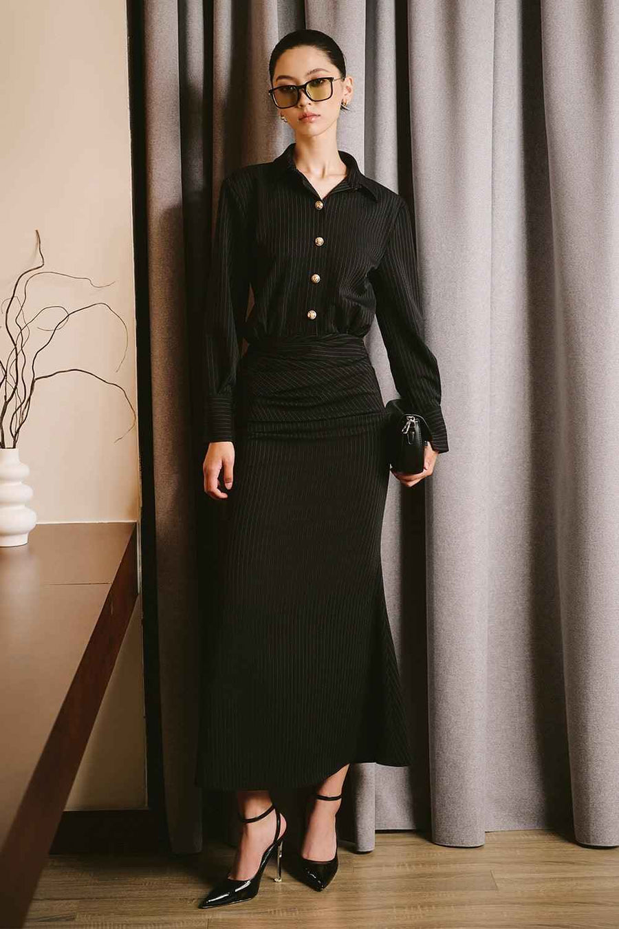 Coralie Trumpet Collared Neck Wool Twill Ankle Length Dress Maxi Dress Larmes