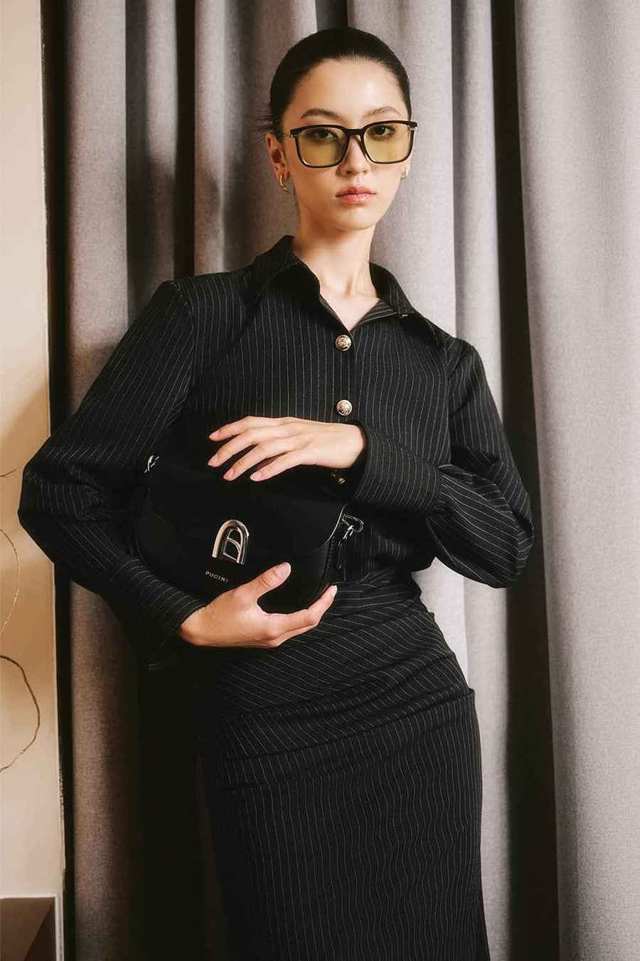 Coralie Trumpet Collared Neck Wool Twill Ankle Length Dress Maxi Dress Larmes