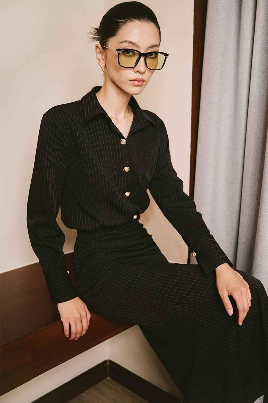 Coralie Trumpet Collared Neck Wool Twill Ankle Length Dress Maxi Dress Larmes