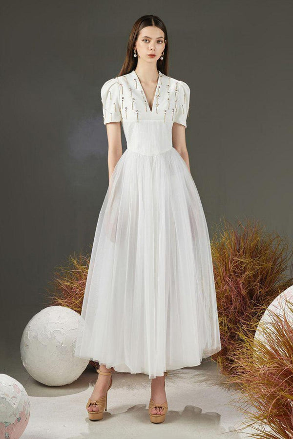 Cosmo Gathered V-Neck Mesh Taffeta Ankle Length Dress 1