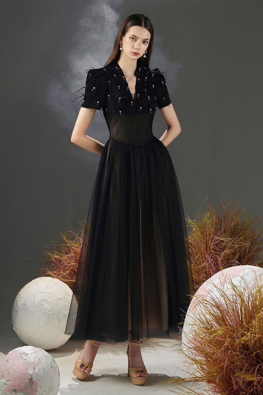 Cosmo Gathered V-Neck Mesh Taffeta Ankle Length Dress 6