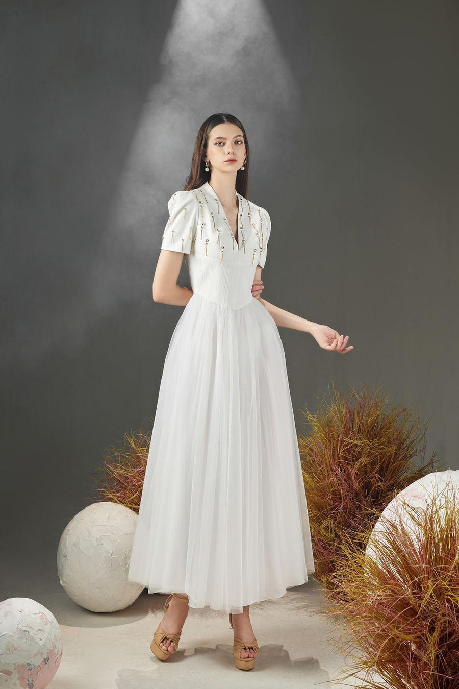 Cosmo Gathered V-Neck Mesh Taffeta Ankle Length Dress 5