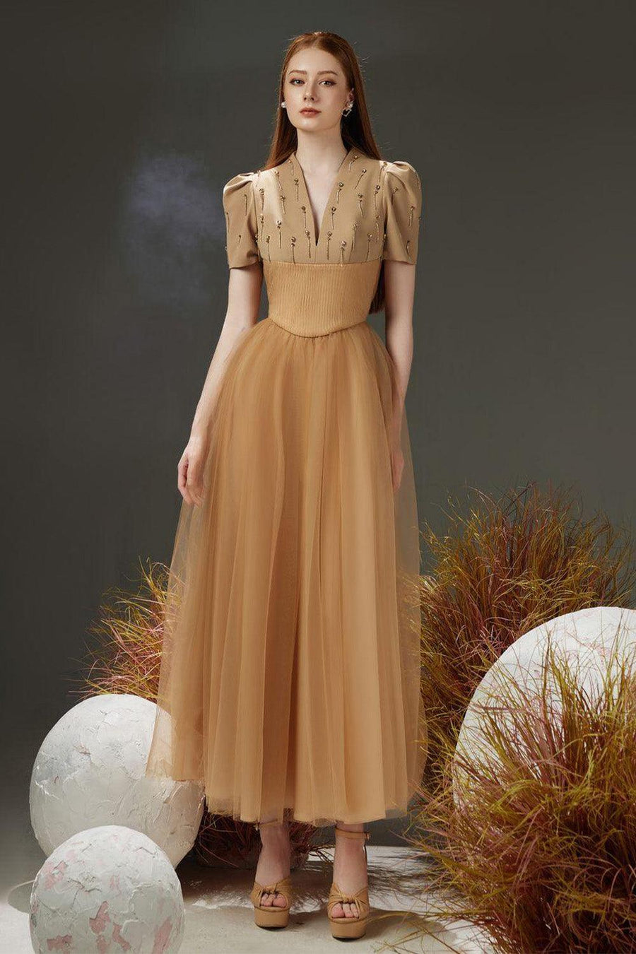 Cosmo Gathered V-Neck Mesh Taffeta Ankle Length Dress 11