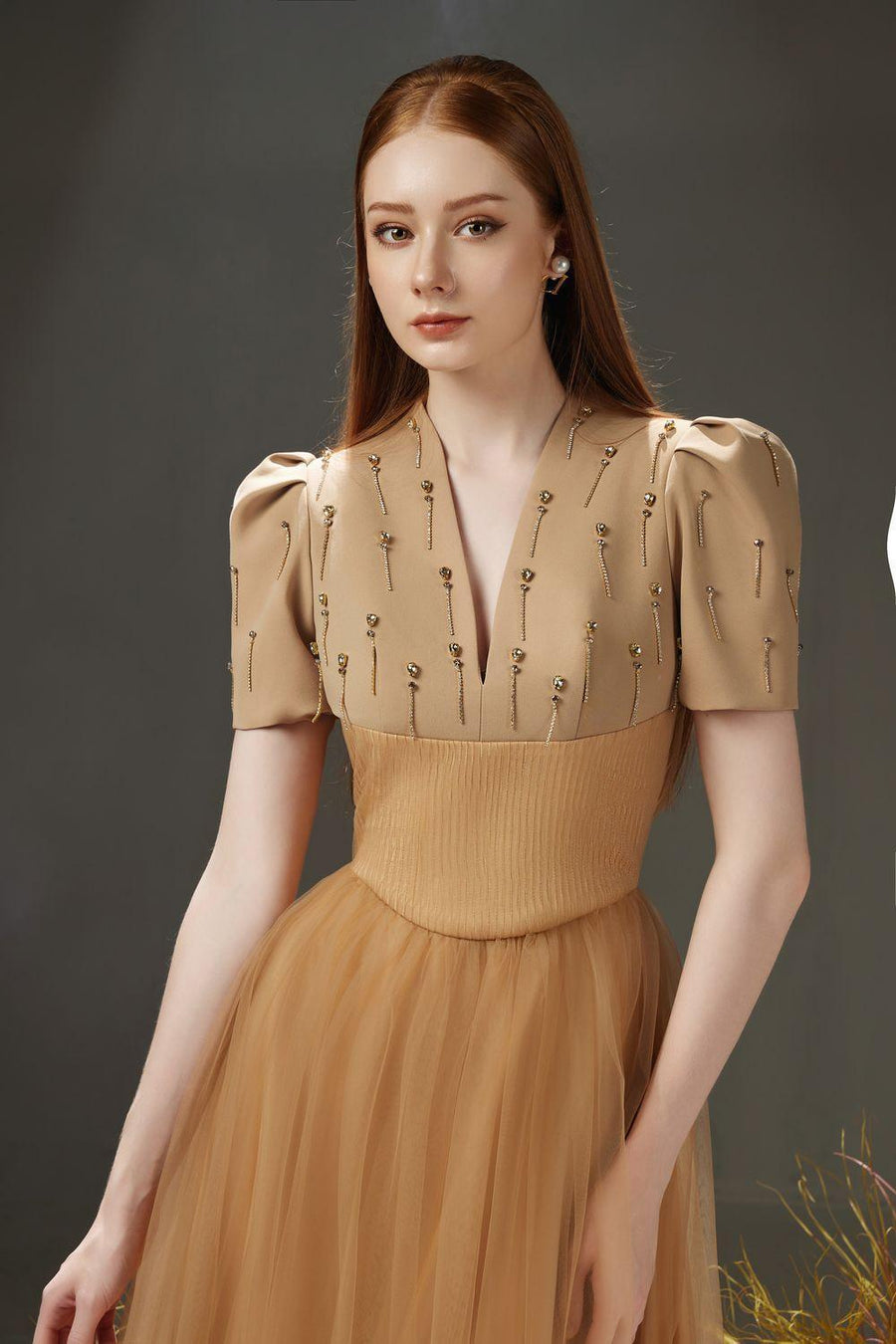 Cosmo Gathered V-Neck Mesh Taffeta Ankle Length Dress 12