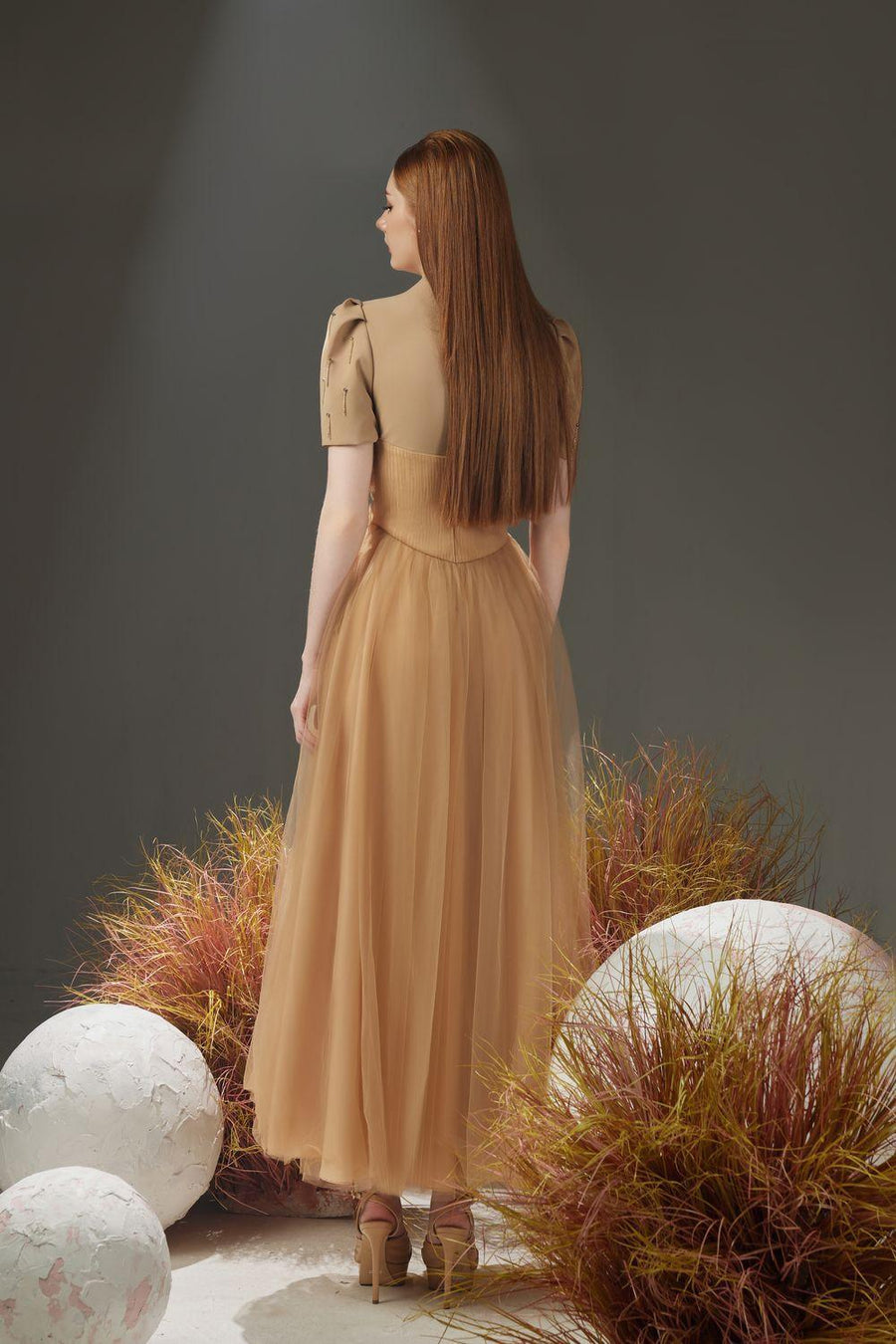 Cosmo Gathered V-Neck Mesh Taffeta Ankle Length Dress 13