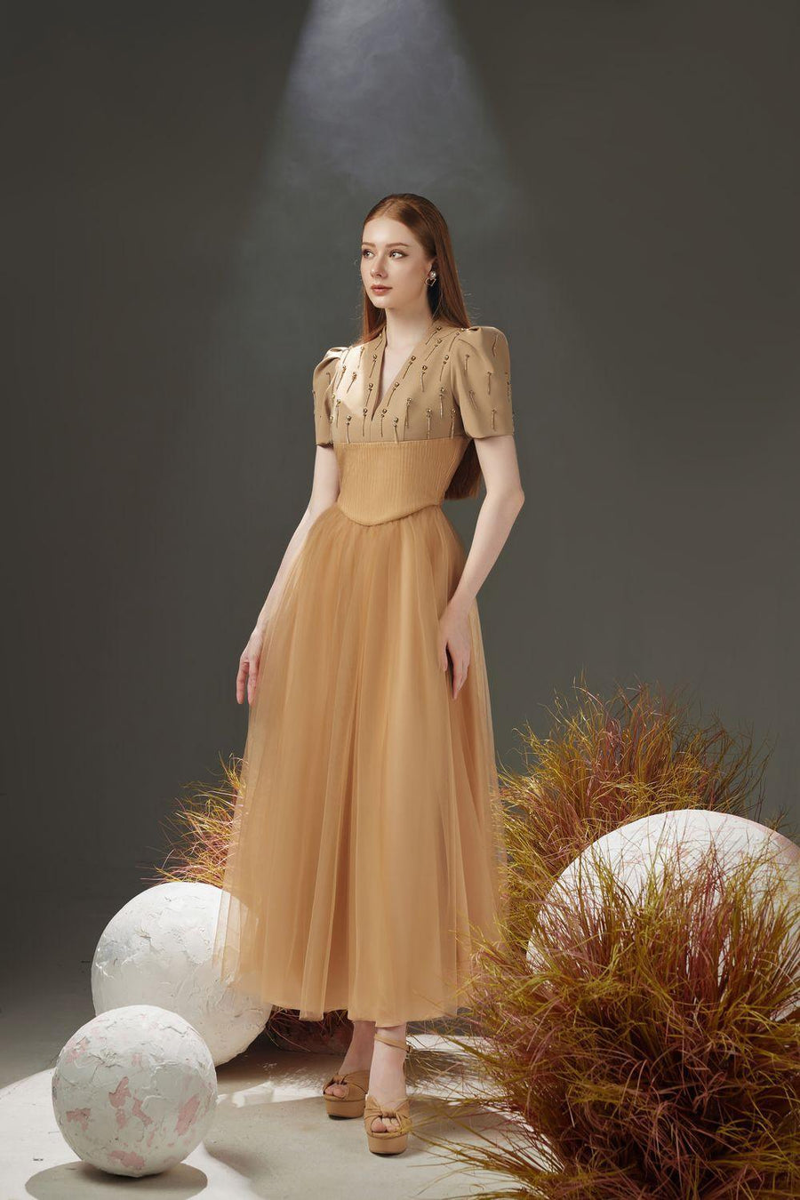 Cosmo Gathered V-Neck Mesh Taffeta Ankle Length Dress 14