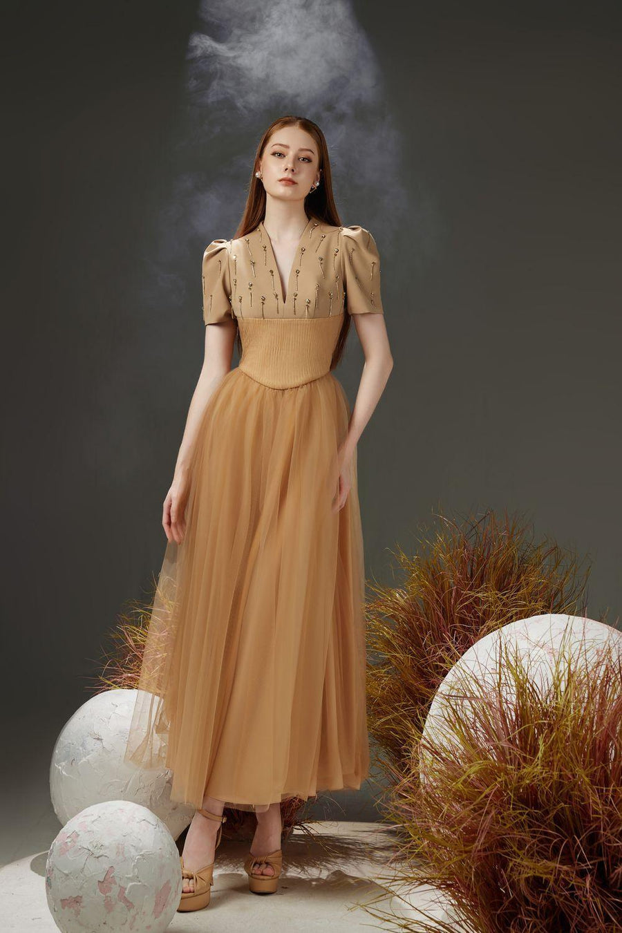 Cosmo Gathered V-Neck Mesh Taffeta Ankle Length Dress 15