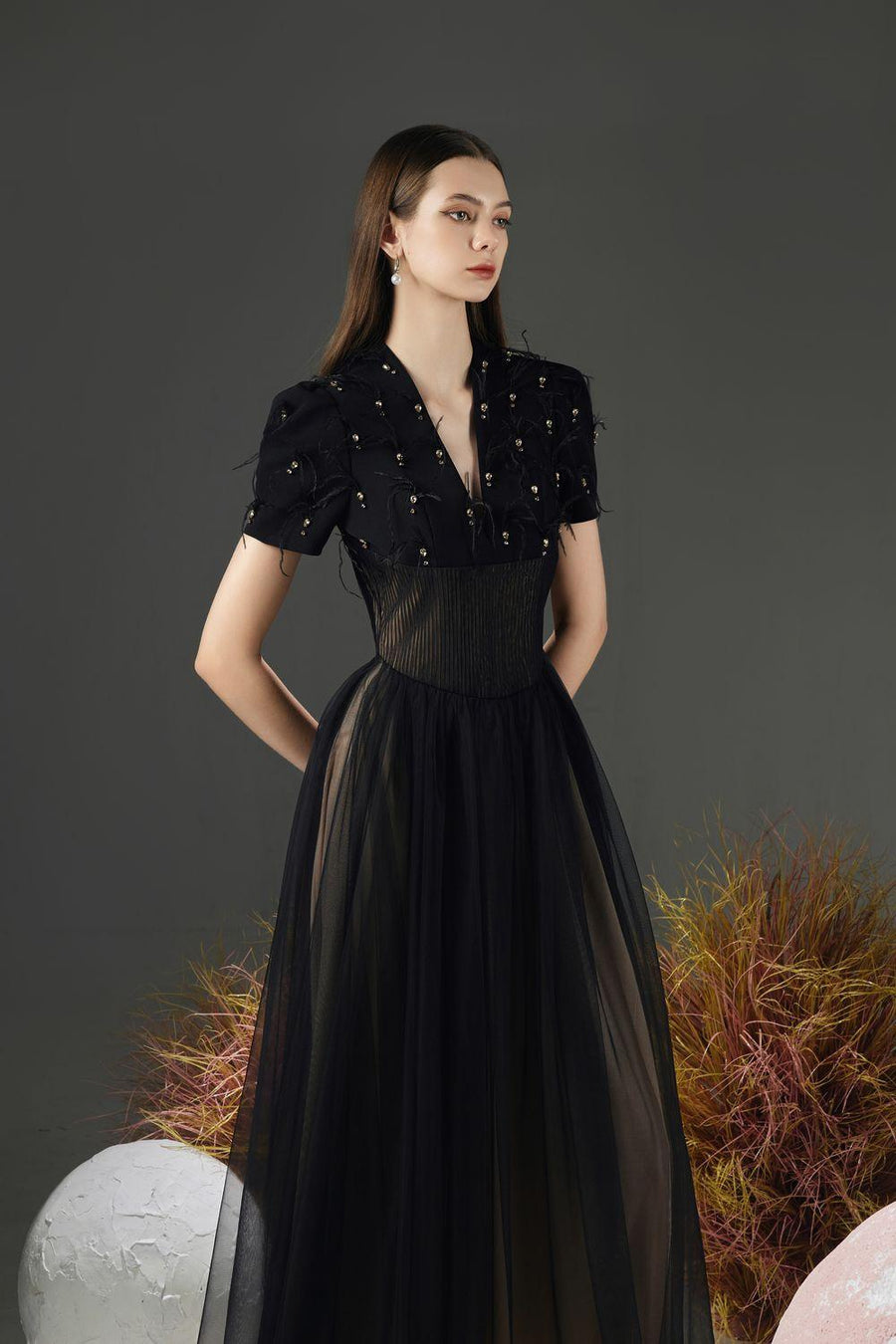 Cosmo Gathered V-Neck Mesh Taffeta Ankle Length Dress 7