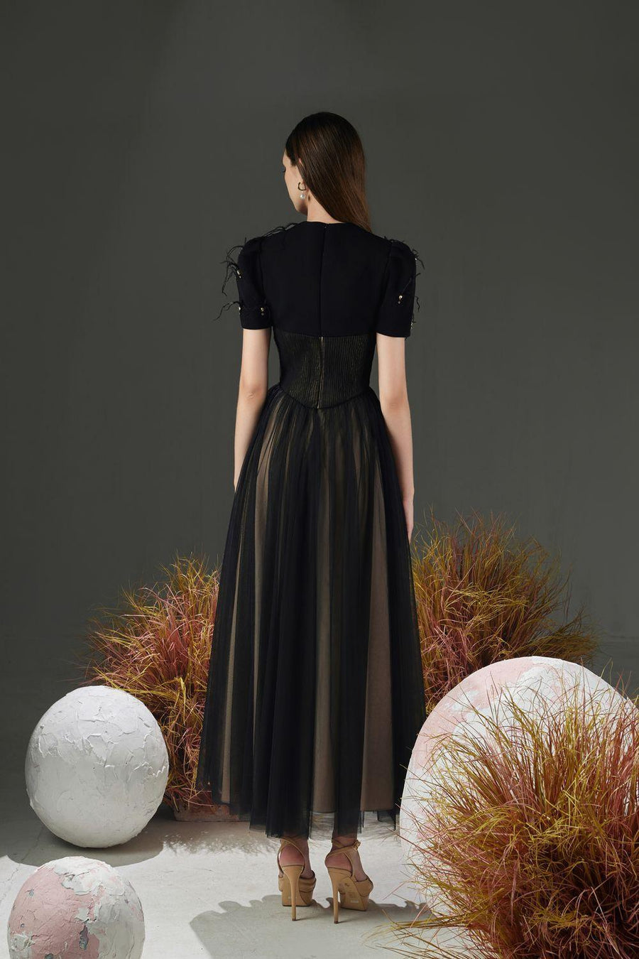 Cosmo Gathered V-Neck Mesh Taffeta Ankle Length Dress 9