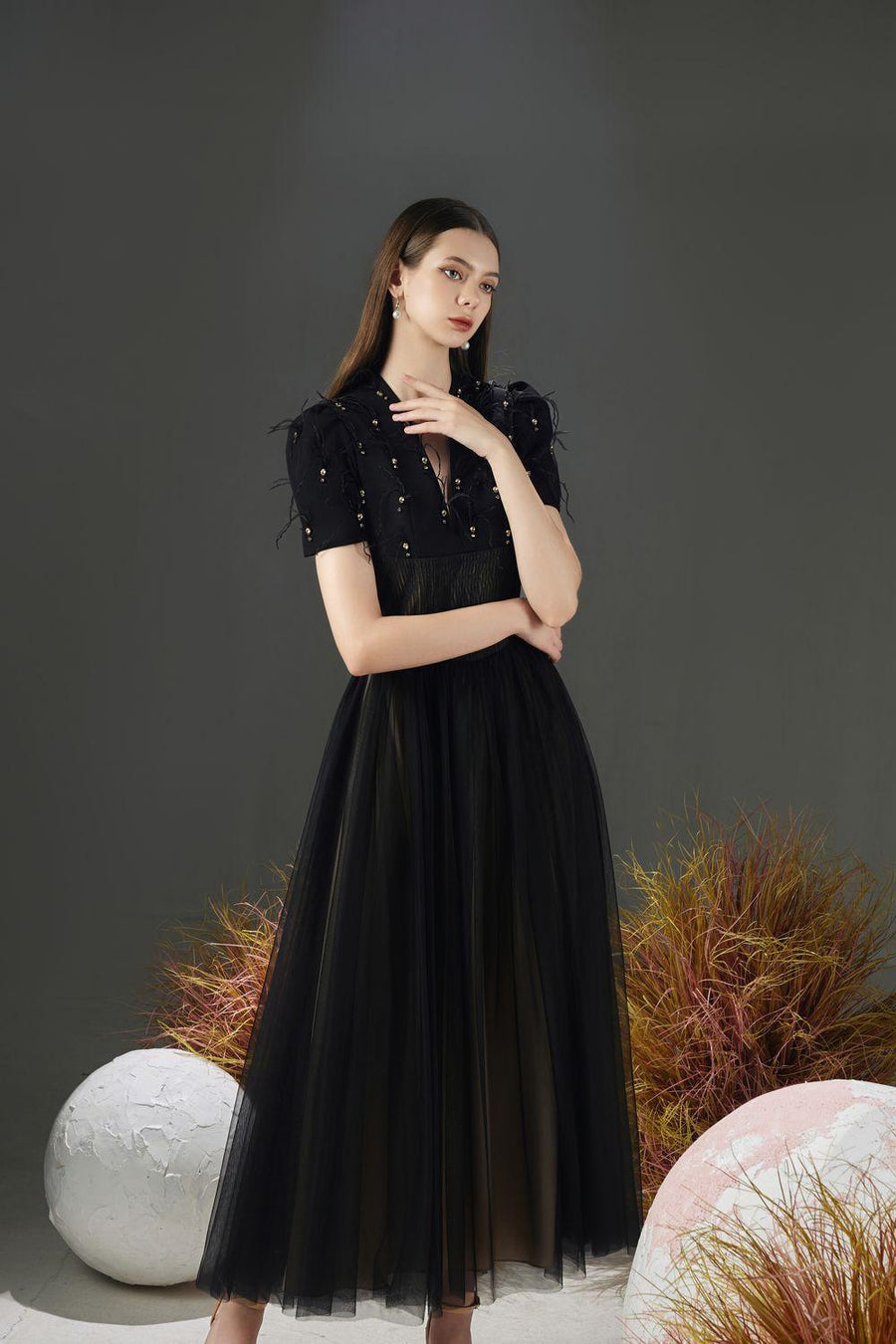 Cosmo Gathered V-Neck Mesh Taffeta Ankle Length Dress 10