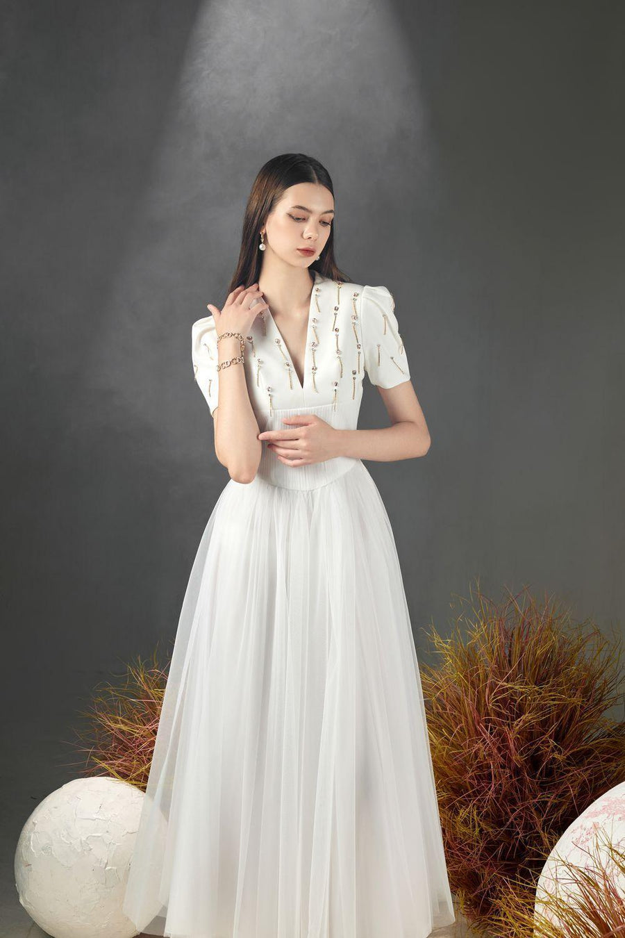 Cosmo Gathered V-Neck Mesh Taffeta Ankle Length Dress 2